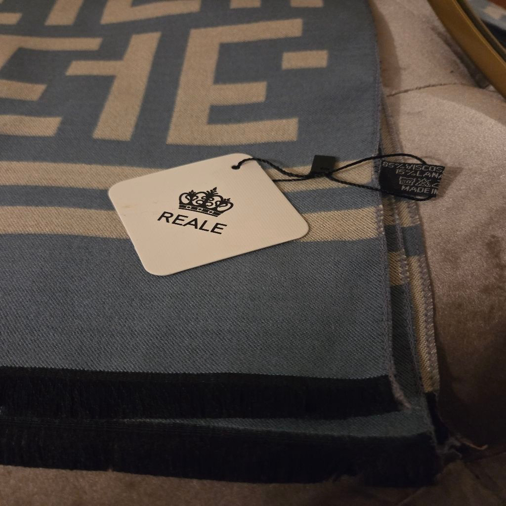 Reale teal blue beige and black frayed bottom scarf Viscose/Lambs Wool - Picture 2 of 7